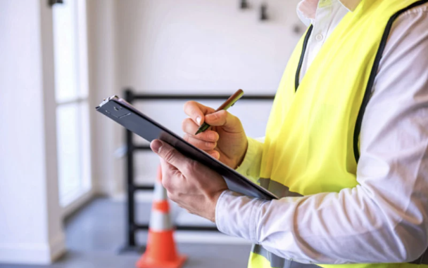 Chantier de construction avec équipe encadrante, casques de chantier et documents