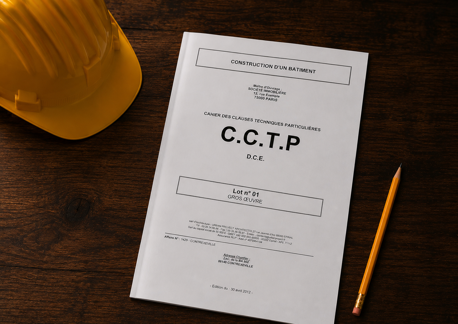 CCTP (Cahier des Clauses Techniques Particulières) d'un chantier de construction, casque de chantier posé à côté
